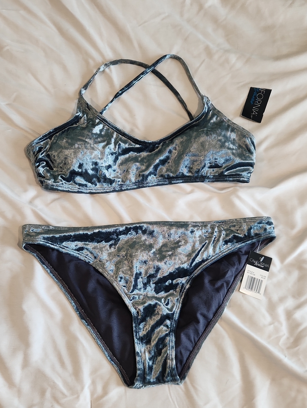 California Waves Blue Velvet Bikini Set with Crisscross Straps